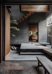 Modern Minimalist Interior Design With Wooden Stairs and Concrete Walls