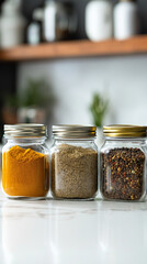 Colorful Spice Arrangement in Jars on a white Minimalistic Countertop. AI-generated