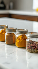 Colorful Spice Arrangement in Jars on a white Minimalistic Countertop. AI-generated