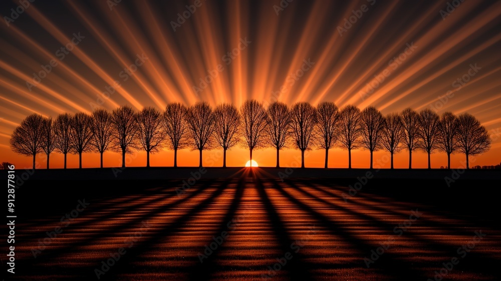 Poster the sun is setting behind a row of trees in the foreground, with a line of trees visible in the back