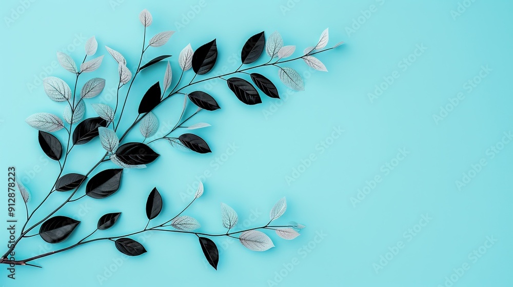 Poster a leafy tree branch on blue background - perfect for text or image insertion