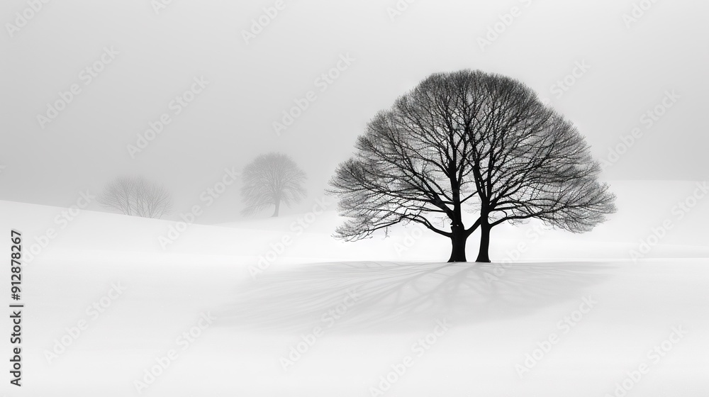 Poster a monochrome picture of a snow-covered tree standing tall in a white field with a hazy sky in the di
