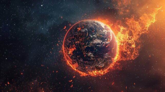 16. Artistic depiction of a globe with fiery regions and areas covered in drought, highlighting the widespread effects of climate change
