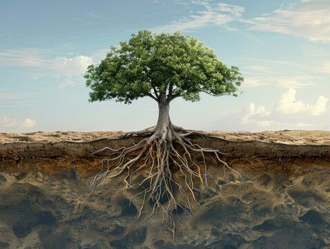 20. An old tree with roots exposed and soil eroded, symbolizing the destabilizing effects of global warming on ecosystems