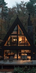 Fototapeta premium Modern Black A Frame Cabin In The Woods