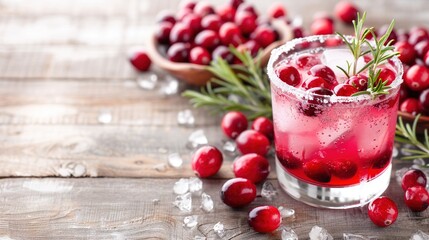   A clear photo of a glass filled with crimson cranberries resting atop an ice-laden table, adorned with fragrant rosemary sprigs