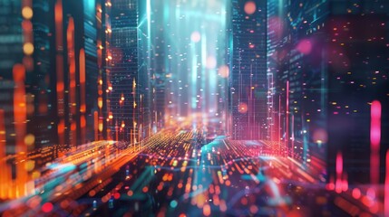 7. Abstract representation of stock market data, with fluctuating graphs and vibrant colors, emphasizing market dynamics