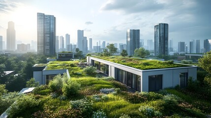 Vibrant Greenery Adorns Eco-Friendly Urban Skyscrapers in Cityscape