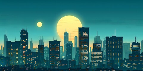 Night City Skyline with Moon and Stars