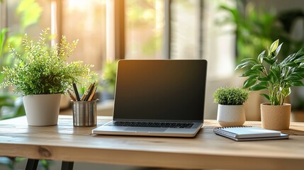 Fototapeta premium Minimalist Desk Setup with Laptop and Plants