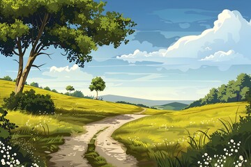 Naklejka premium Summer Landscape with a Winding Path and Lush Green Trees