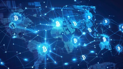 Naklejka premium 17. Depiction of a global financial network, with Bitcoin symbols connecting different cities across a world map