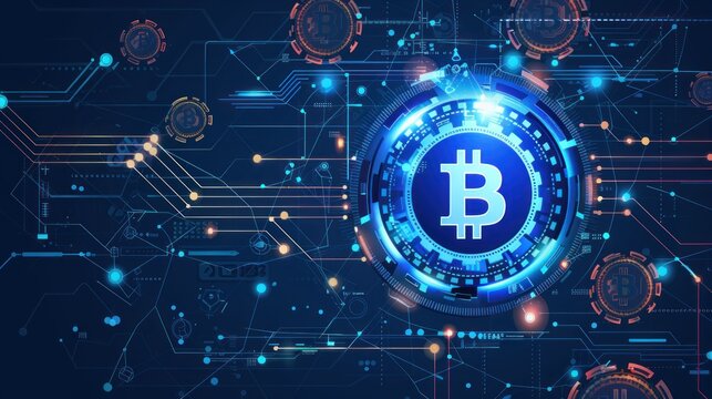 18. Abstract representation of blockchain technology with Bitcoin symbols, gears, and digital connections, highlighting the technical aspect