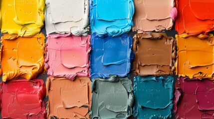 A vibrant collection of colorful paint squares spread artistically for creative inspiration and design purposes.
