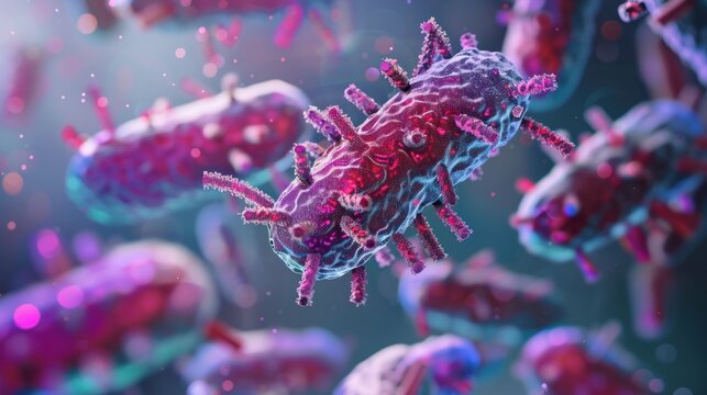 8. Digital rendering of a superbug with antibiotic resistance symbols, emphasizing the challenge of drug-resistant pathogens