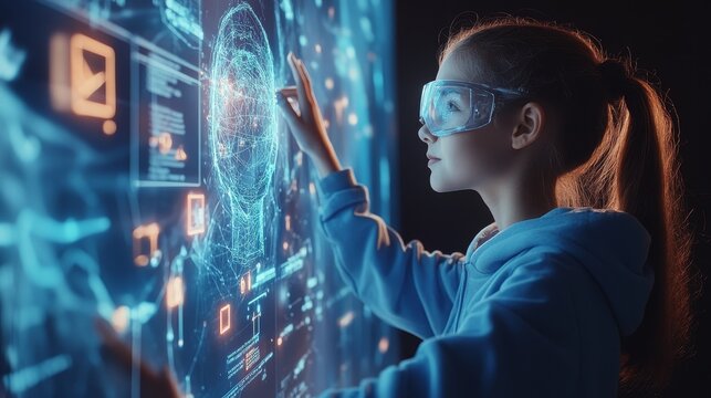 Teacher Explaining AI Concepts with Holographic Display in Futuristic Classroom