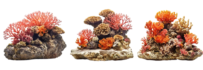 Three colorful artificial coral reef clusters on rock bases. Perfect for aquarium decor, educational displays, or marine-themed projects. (Transparent PNG background)