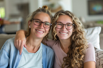A young mother hugging her daughter, a blonde woman with curly hair, wearing glasses, looking at the camera and smiling.