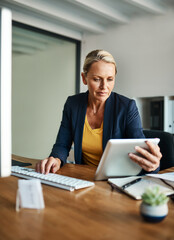 Woman, office and serious with tablet for research or email notification with employee contract as...