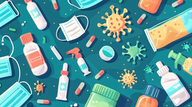 19. Protective measures illustration, including face masks, hand sanitizer, and disinfectant sprays, promoting public health practices