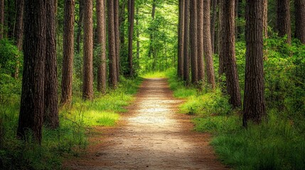 Fototapeta premium Serene Forest Tranquility - Scenic Landscape of Towering Trees and Path Through Peaceful Woods.