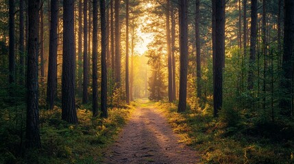 Fototapeta premium Serene Path through Towering Forest: Tranquil Nature Photography.