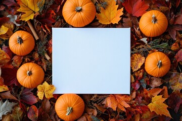 White Canvas Surrounded by Pumpkins and Autumn Leaves