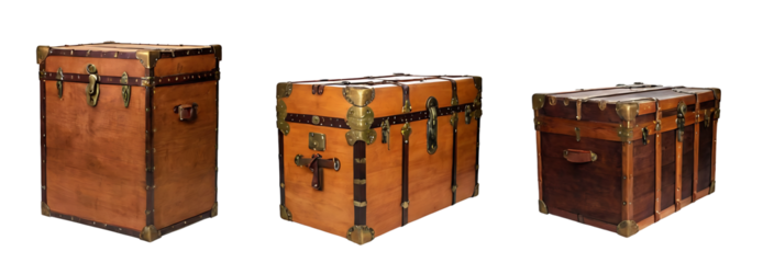 Three vintage leather trunks with brass hardware in varying sizes. Perfect for travel-themed articles, historical reenactment websites, or antique furniture stores. (Transparent PNG background)
