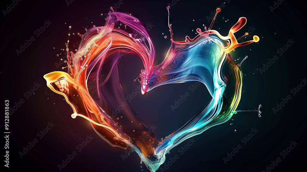 Poster a colorful heart-shaped object with water cascading from its sides against a dark backdrop