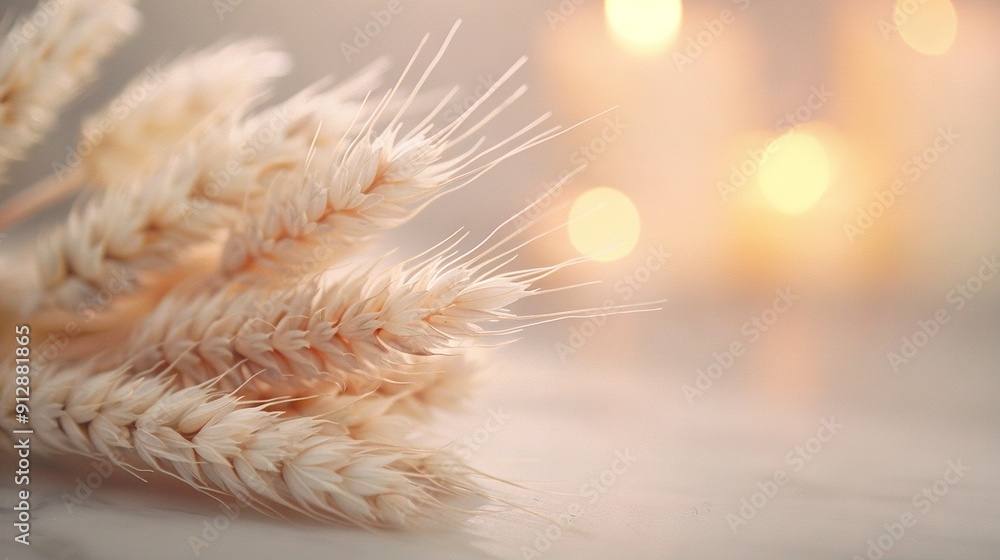 Poster a clear photo of a wheat stalk on a table with a focus on the stalk and a soft bokeh effect for the 