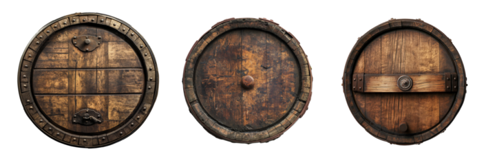 Top view of an old rustic wooden barrel isolated on white or transparent background, barrel for storing wine close-up photo