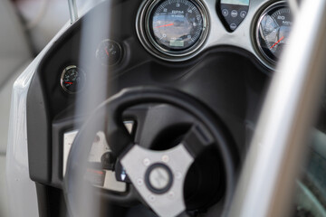 Close-up of the boat's instrument panel.