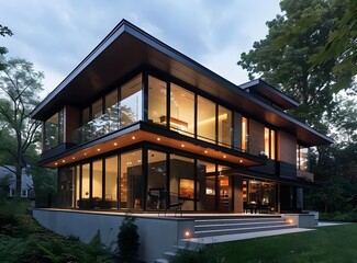 Fototapeta premium Modern Architecture House With Glass Walls And Wooden Accents