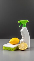 Various potted herbs and cleaning supplies are arranged on a kitchen counter, with fresh lemons adding a vibrant touch to the scene