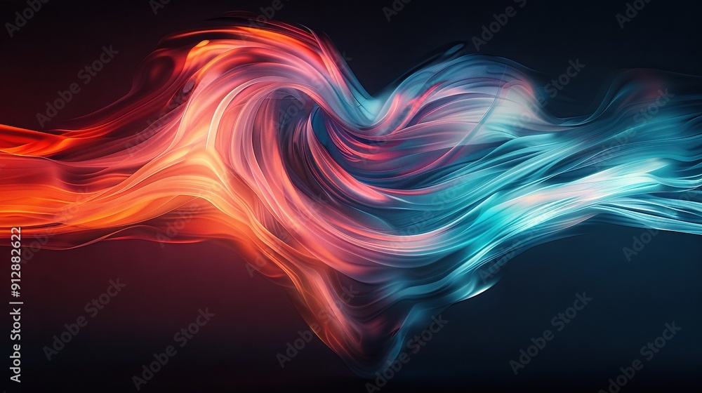 Poster a wave of multi-colored light on a dark background with red and blue swirls on its left side