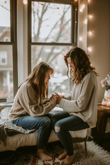 Obraz premium A young mother comforting her daughter who suffers from depression and anxiety.