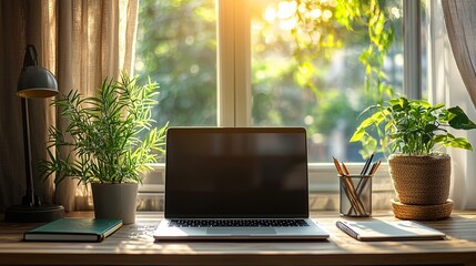 Minimalist Desk Setup with Laptop and Plants