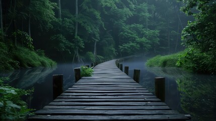 Fototapeta premium Serene Wooden Pathway Through Misty Forest Over Calm Water in Early Morning Light