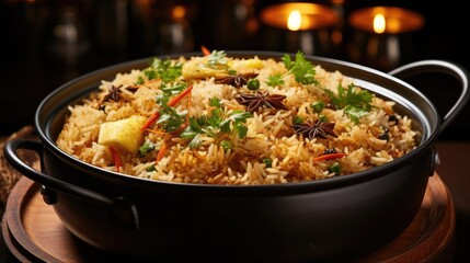 Closeup shot of a steaming hot serving of Thai fried rice in a traditional ceramic bowl, captured from above to show the rich colors and variety of ingredients The background features a dark wooden  