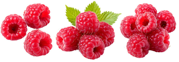 Three clusters of ripe raspberries with leaves. Perfect for food blogs, health articles, or product packaging. (Transparent PNG background)