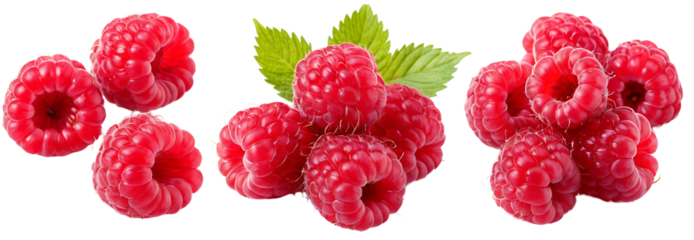Three clusters of ripe raspberries with leaves. Perfect for food blogs, health articles, or product packaging. (Transparent PNG background)
