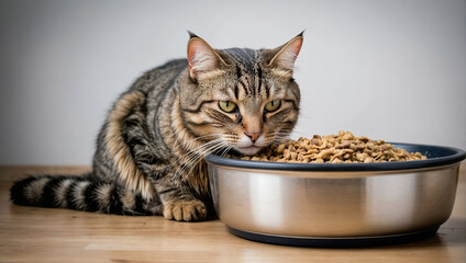 A contented tabby cat curls up next to her overflowing bowl of food, enjoying a peaceful meal time.