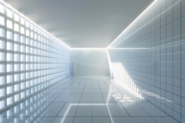 Obraz premium Modern Minimalist White Corridor with Glass Block Wall