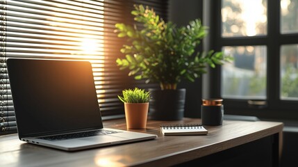 Fototapeta premium Minimalist Desk Setup with Laptop and Plants