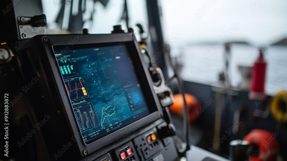 Aufkleber A detailed navigation display features real-time data and charts while a vessel sails through coastal waters.