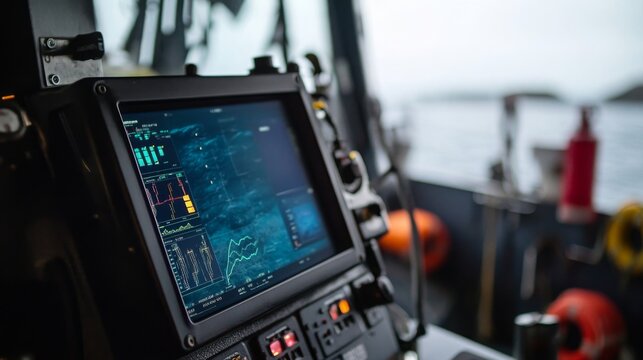 A detailed navigation display features real-time data and charts while a vessel sails through coastal waters.