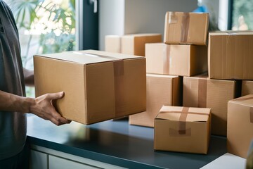 Partially visible person holds cardboard box on table, surrounded by similar boxes