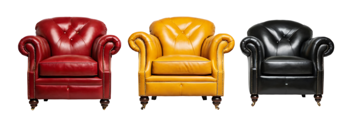 Three luxurious armchairs in rich red, mustard yellow, and forest green leather, featuring a classic Chesterfield design with deep button tufting and turned wooden legs. Ideal for interior design webs