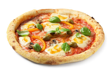 Delicious vegetarian pizza with fresh basil isolated on white
