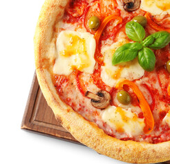 Delicious vegetarian pizza isolated on white, top view